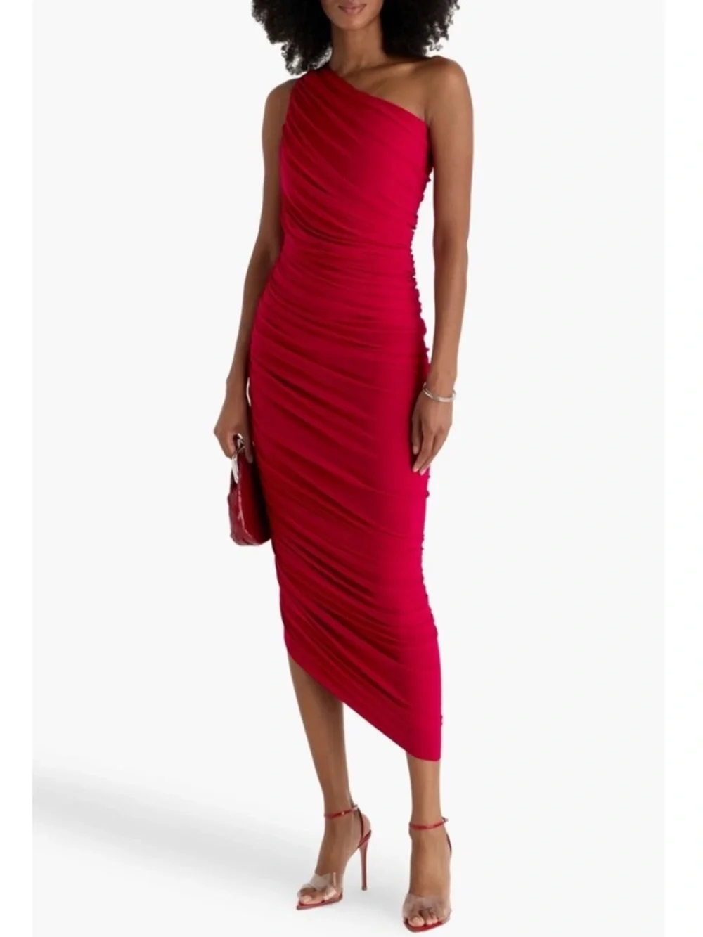 Norma Kamali Diana One Shoulder Gown Red Ruched Bodycon‎ Formal Cocktail Size XS